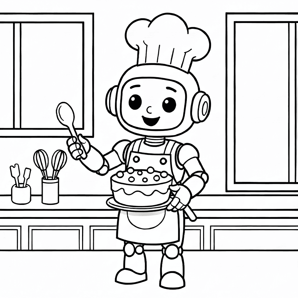 Robot chef amichevole con cappello e grembiule prepara torta in cucina luminosa con ciotola e cucchiaio
