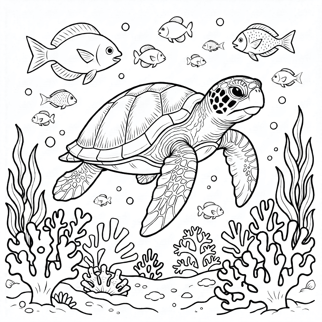 A realistic sea turtle swimming over a coral reef with fish and seaweed, detailed textures on shell and fins