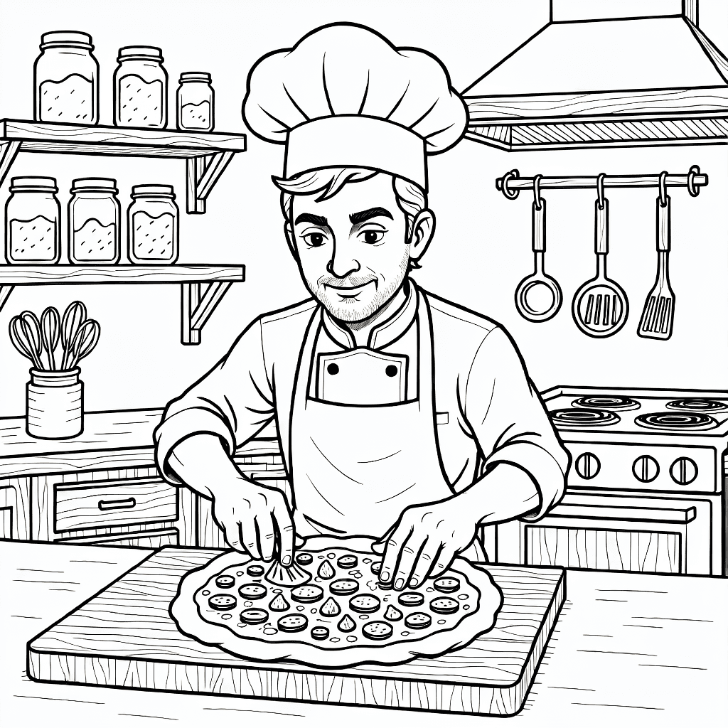 Koch mit traditioneller Mütze und Schürze verteilt Zutaten auf Pizzateig in detaillierter Küche