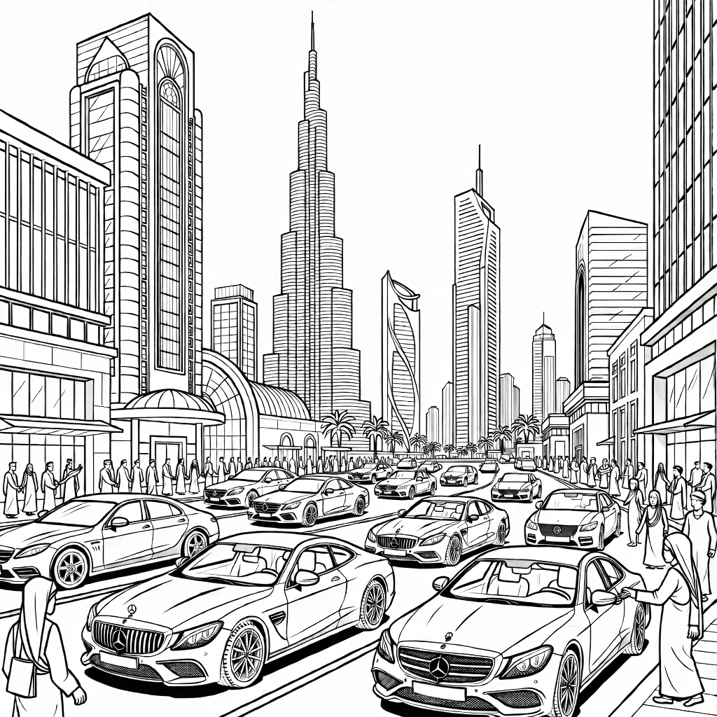 Detailed Dubai street scene with futuristic skyscrapers and luxury cars lined along the road