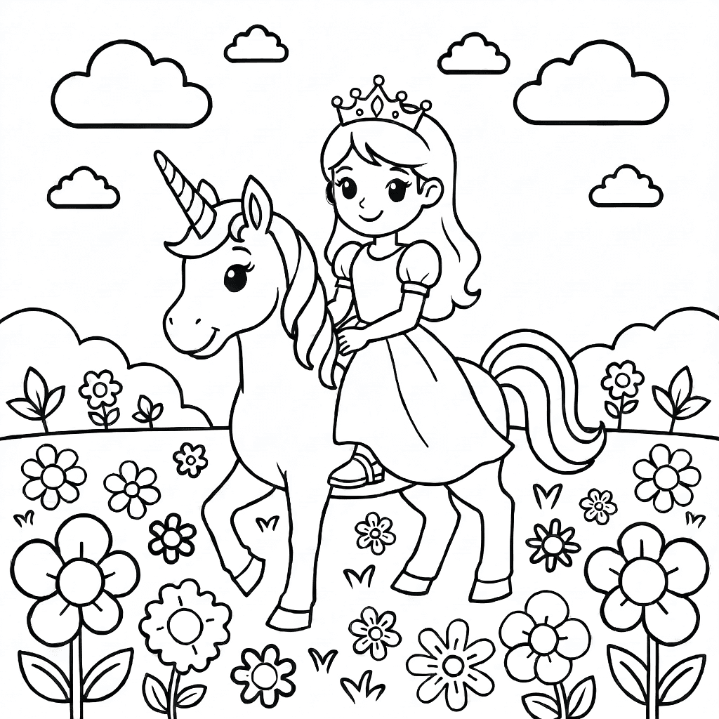 Principessa sorridente con corona che cavalca un unicorno gentile in un grande campo fiorito sotto nuvole leggere
