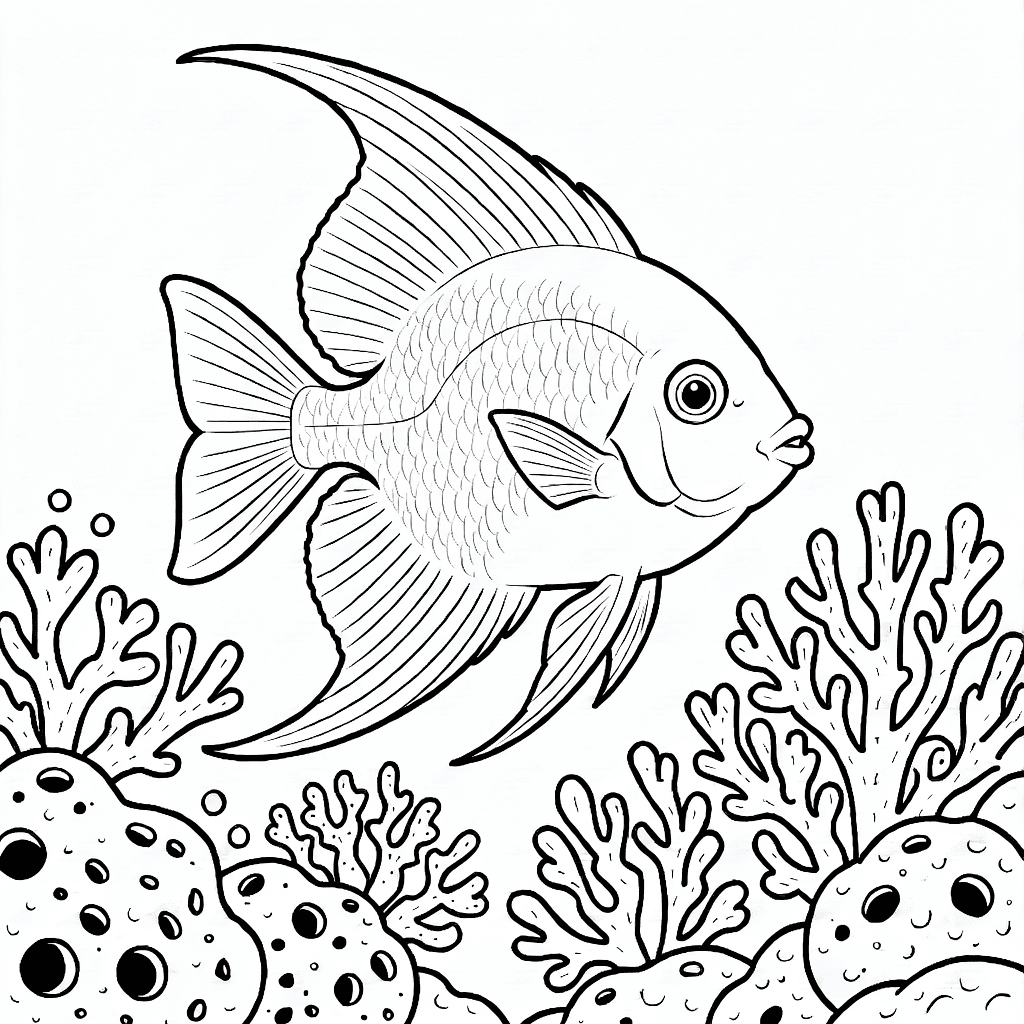 Detailed angelfish swimming among textured sea sponges and branching corals on white background