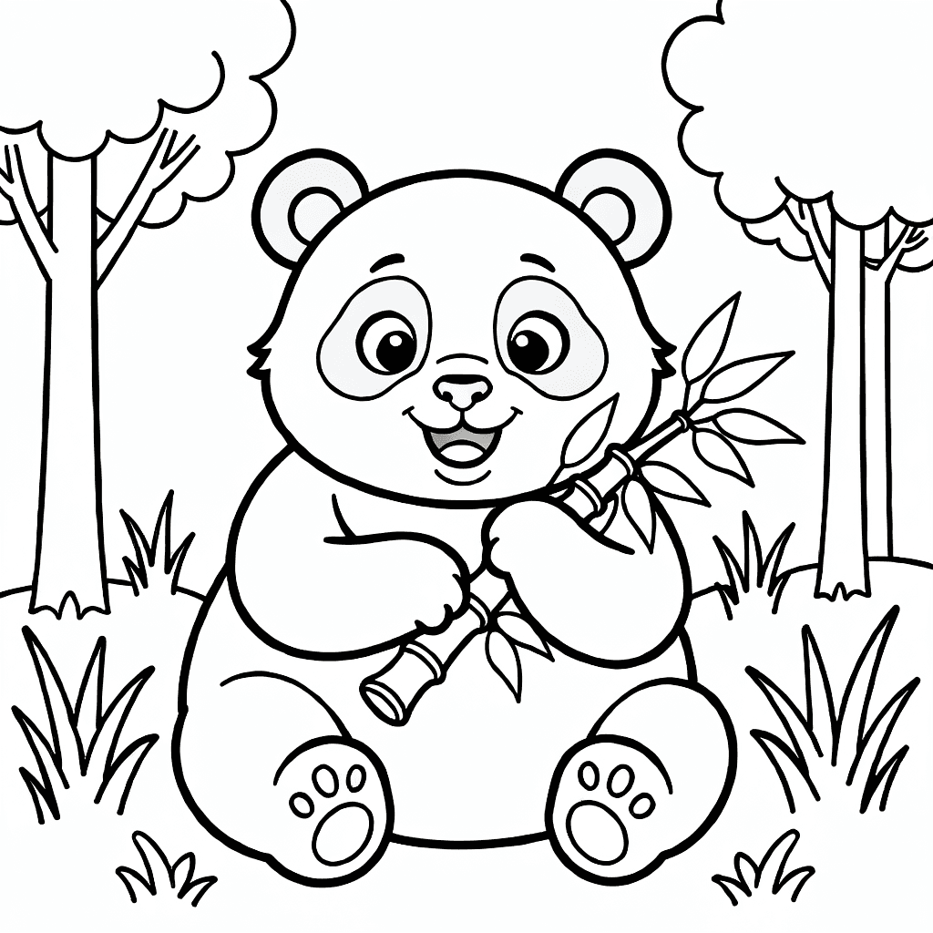 Ein glücklicher Panda sitzt und isst Bambus in einem sonnigen Hain mit Bäumen und hohem Gras