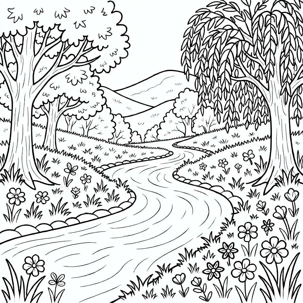 Rio serpenteando por um vale verde com árvores, grama e flores silvestres sob colinas distantes