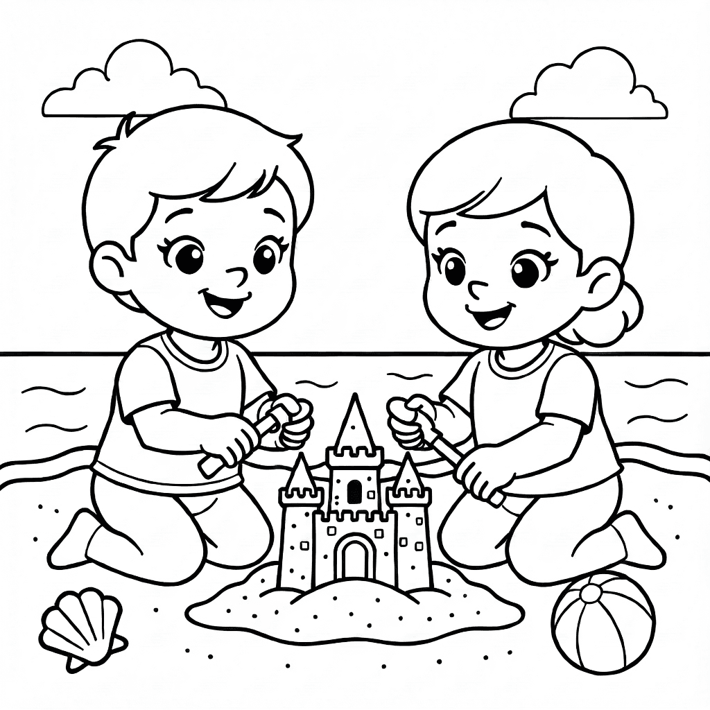 Two smiling siblings building a sandcastle on the beach with a beach ball and seashell nearby