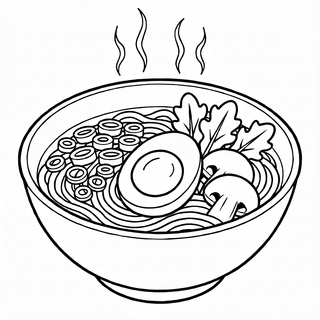 Dibujo de un tazón de ramen humeante con fideos, huevo cocido suave, cebollín, champiñones y hojas verdes