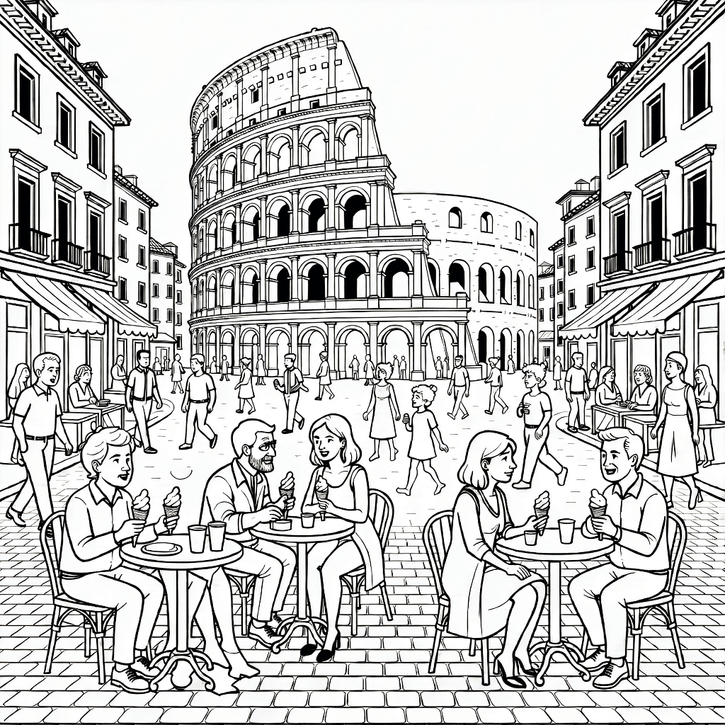 A busy Roman square with the Colosseum, people eating gelato, walking, detailed buildings, and cobblestone pavement.