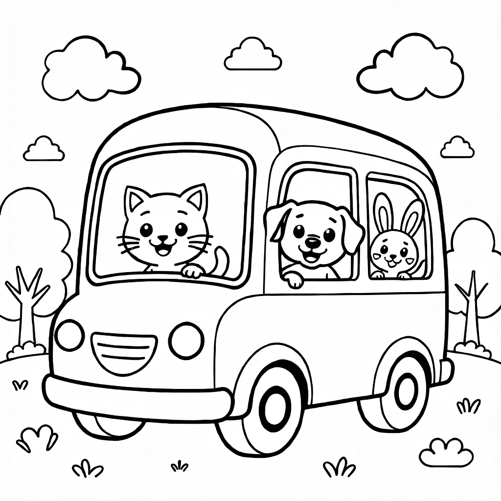 Pencerelerden mutlu kedi, köpek ve tavşanın baktığı yuvarlak otobüs, arka planda basit ağaçlar ve bulutlar