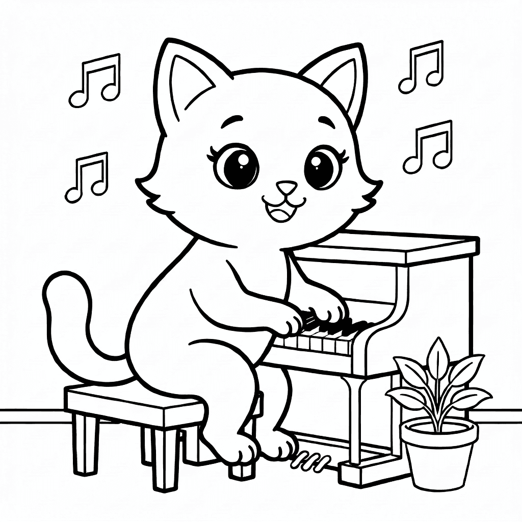 Eine lächelnde Katze sitzt an einem kleinen Klavier mit Noten und einer Topfpflanze daneben
