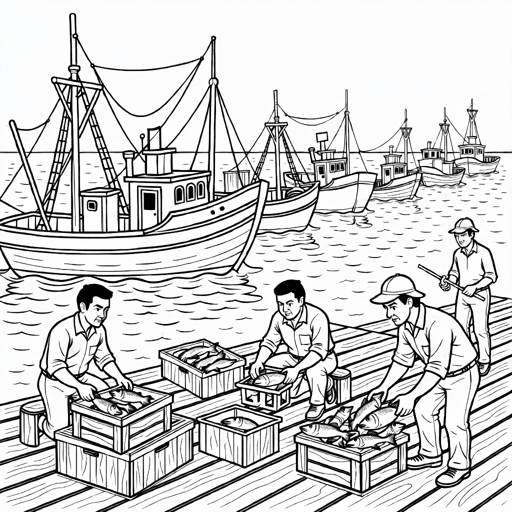 Detailed harbor scene with fishing boats docked, fishermen unloading fish, wooden docks and rippling water