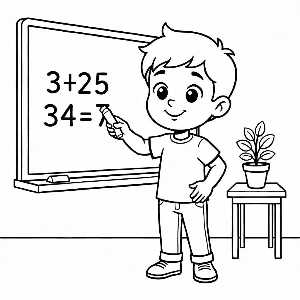 Garçon souriant tenant une craie devant un tableau avec une énigme mathématique et petite plante en pot
