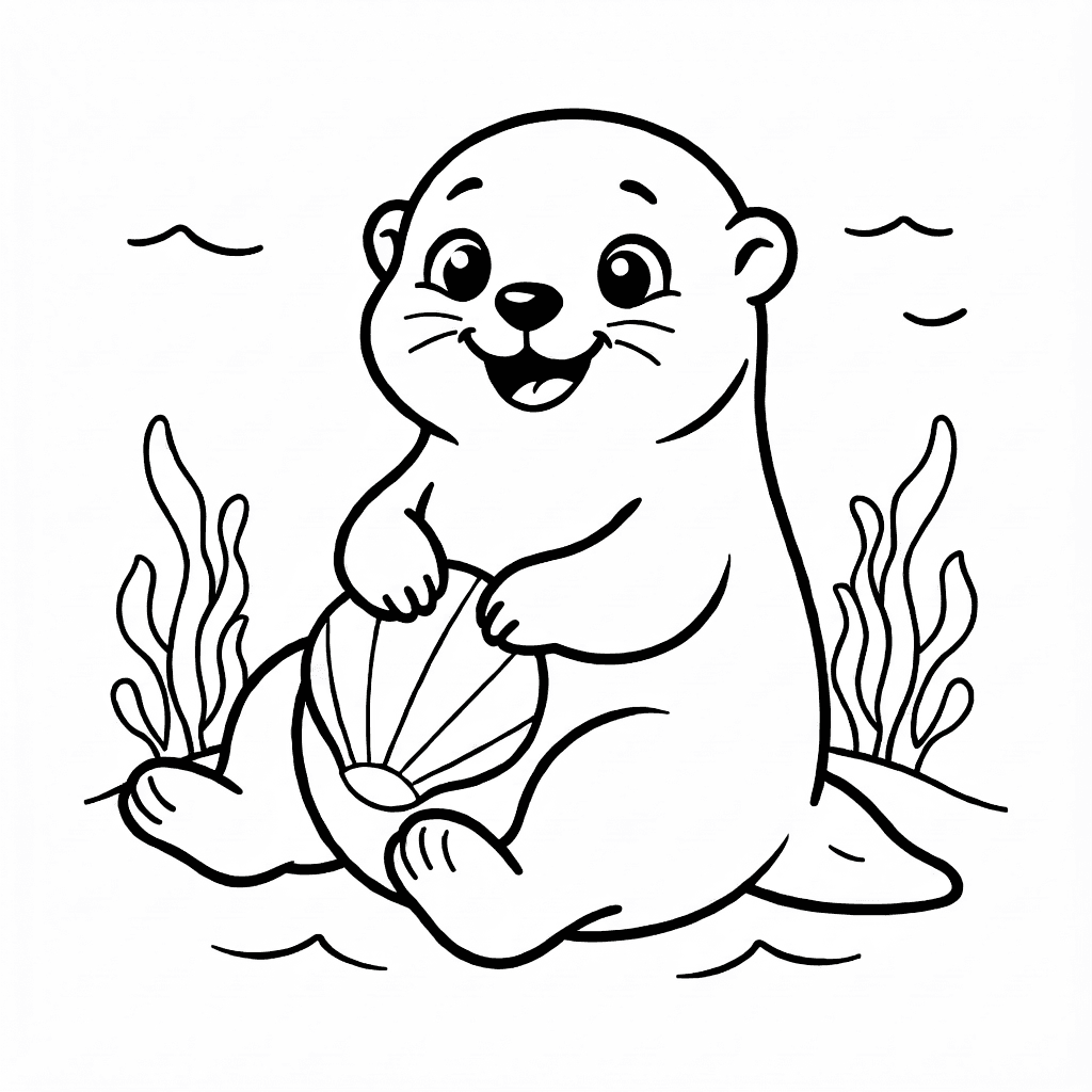 A happy sea otter floating on its back with paws on chest and a shell on its belly, waves and sea plants in background