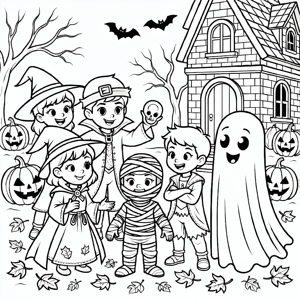Children wearing different Halloween costumes including a witch and a ghost
