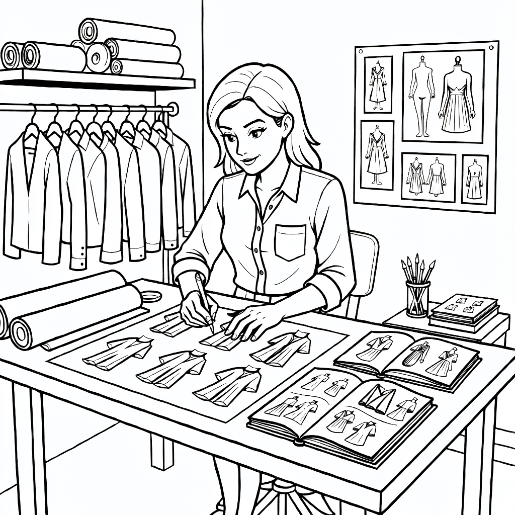 Stilista di moda che disegna abiti a un tavolo con tessuti e schizzi nello studio