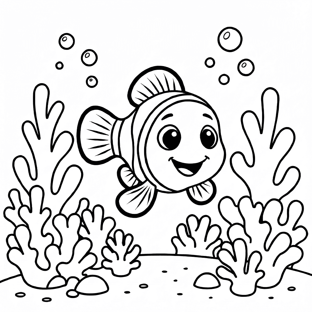 A cheerful clownfish with big eyes hiding among soft-edged coral with playful bubbles in clear water