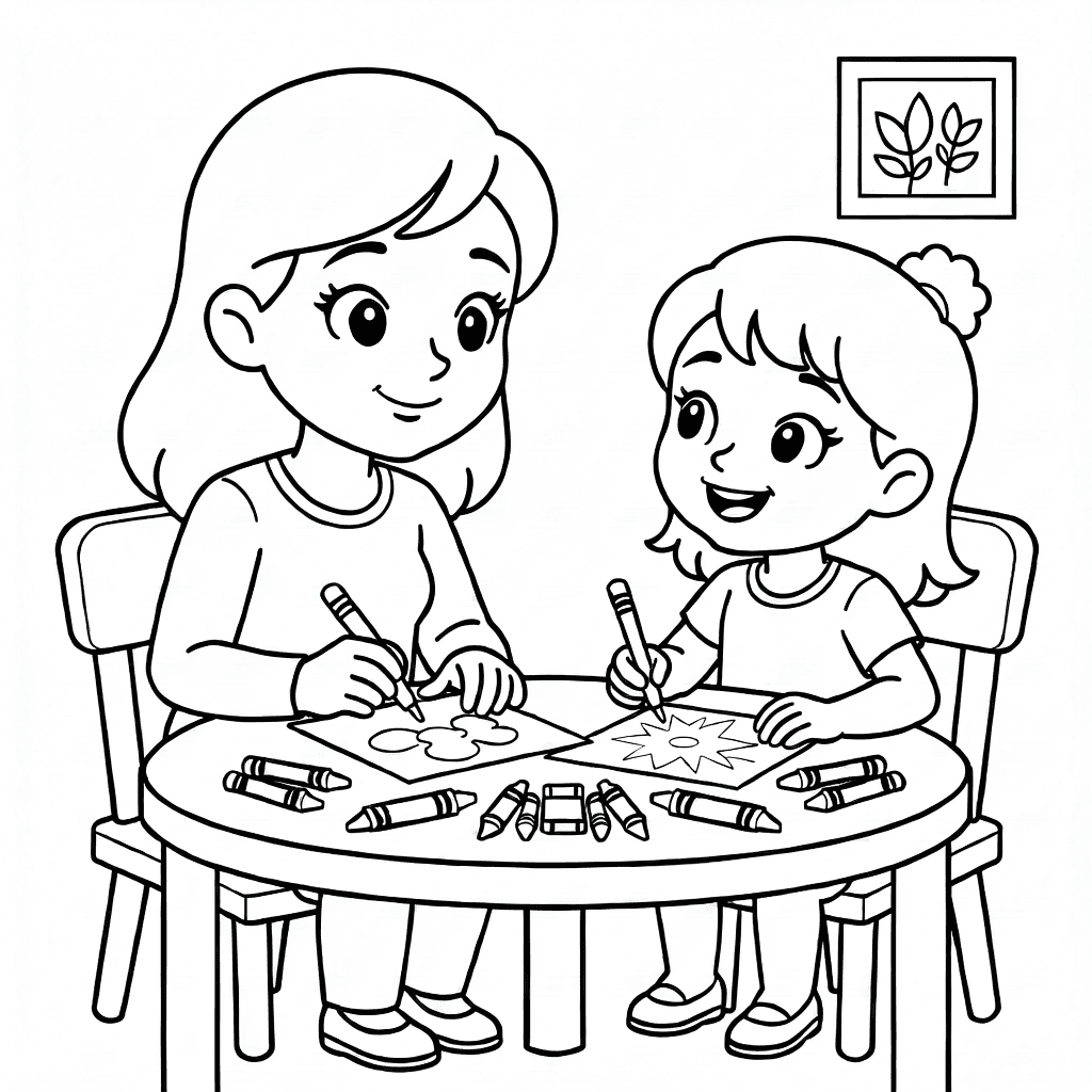 Mother and daughter sitting at a table happily painting pictures together with crayons and paper