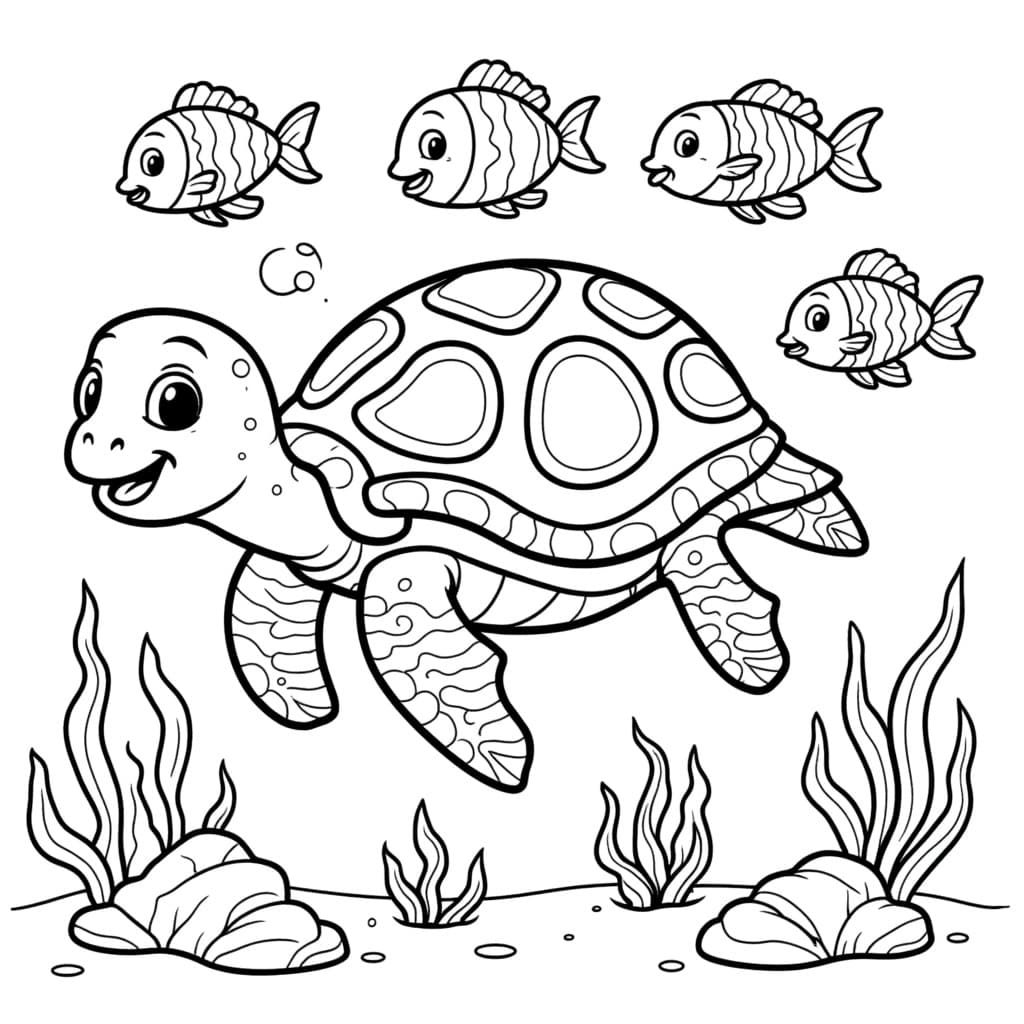 A sea turtle swimming with small fish riding on its shell underwater