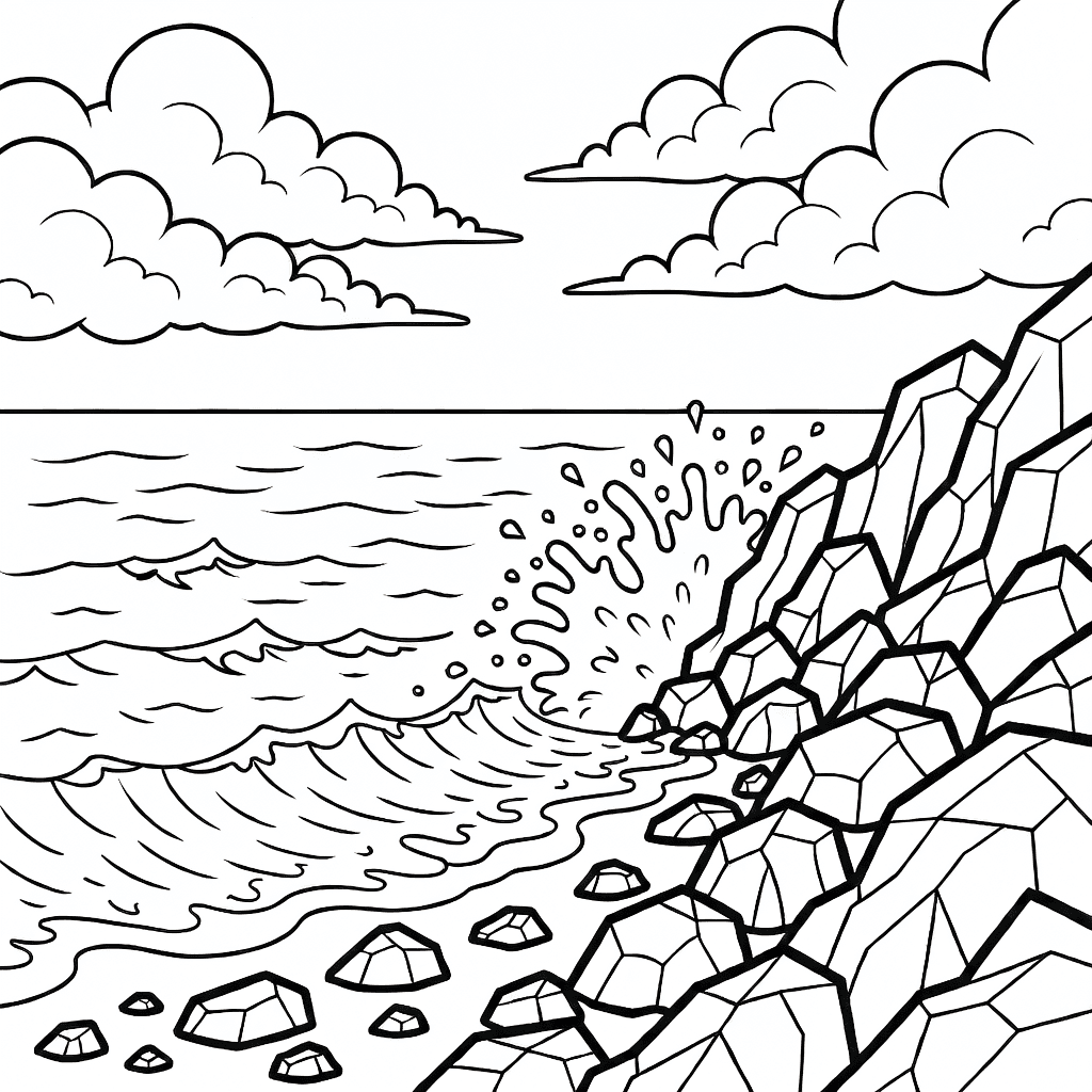 Costa rochosa com pedras irregulares, ondas com espuma e céu nublado com nuvens volumosas