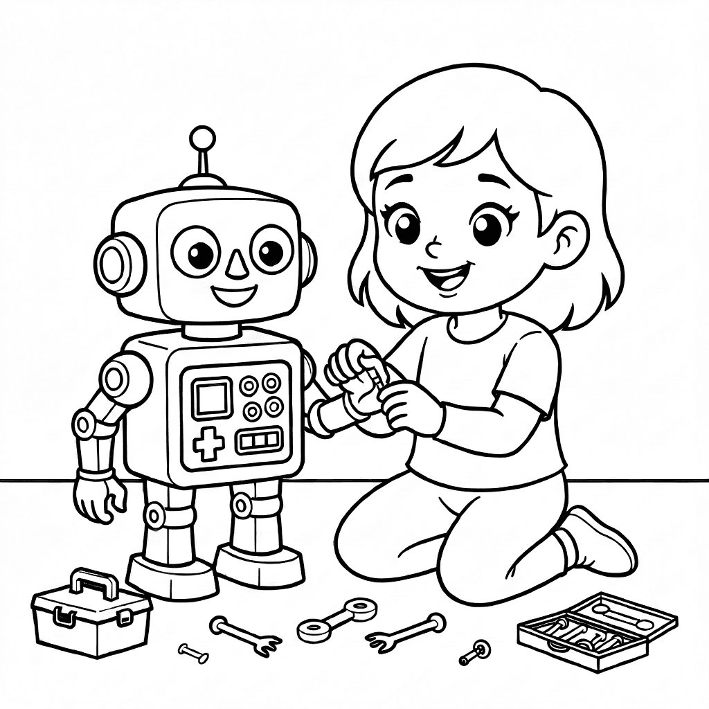 Büyük düğmeler ve ışıklarla robot yapan mutlu bir kız, çevresinde alet kutusu ve parçalar