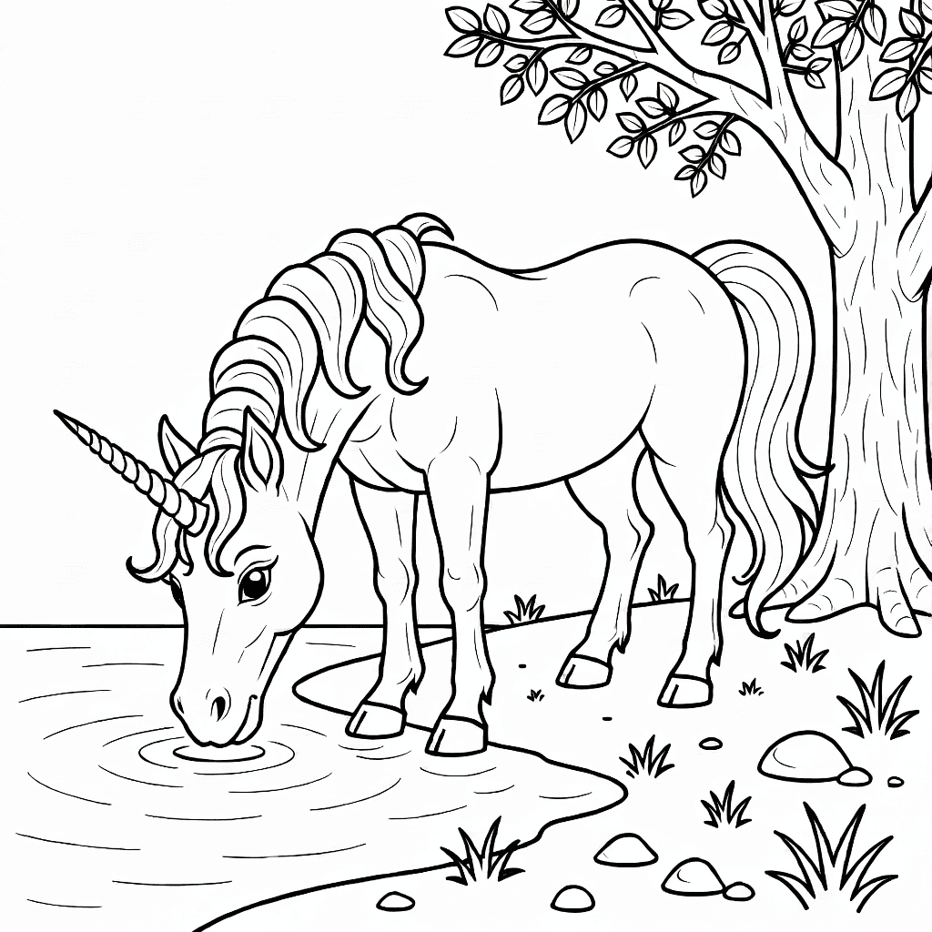 Unicorno maestoso con corno a spirale che beve da un lago limpido vicino a un albero con corteccia e foglie dettagliate