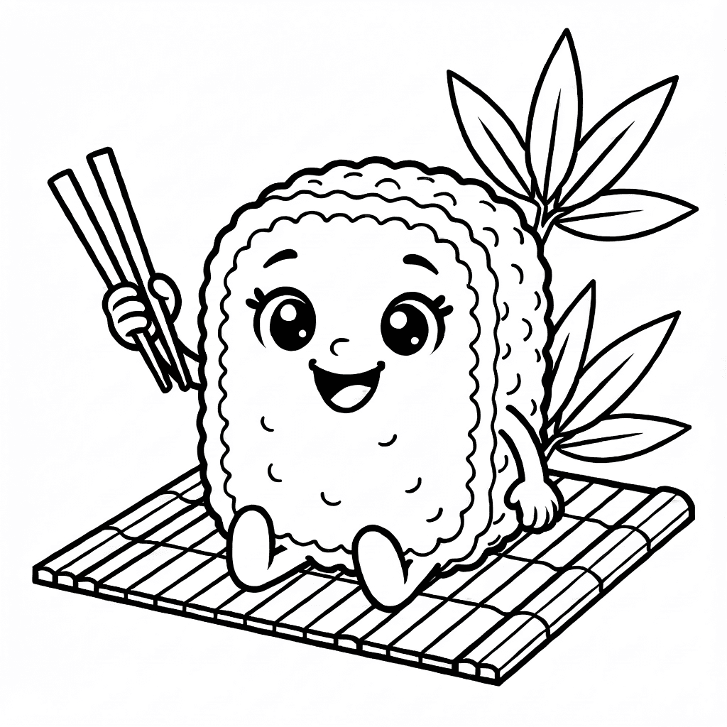 Personaje de sushi sonriente saludando con un brazo de arroz y sosteniendo palillos, sentado en un tapete de bambú con hojas