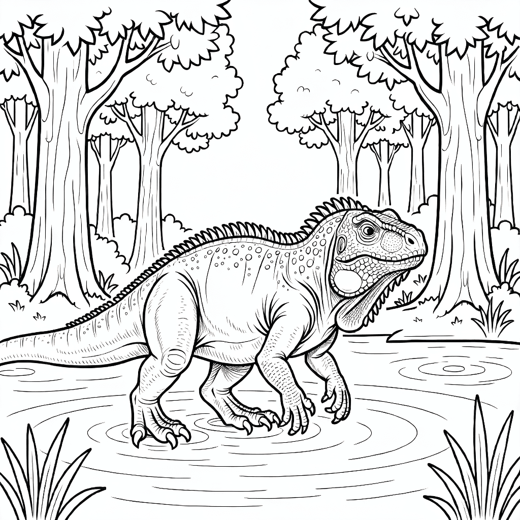 Iguanodonte realista ao lado de um pântano calmo com árvores altas ao fundo
