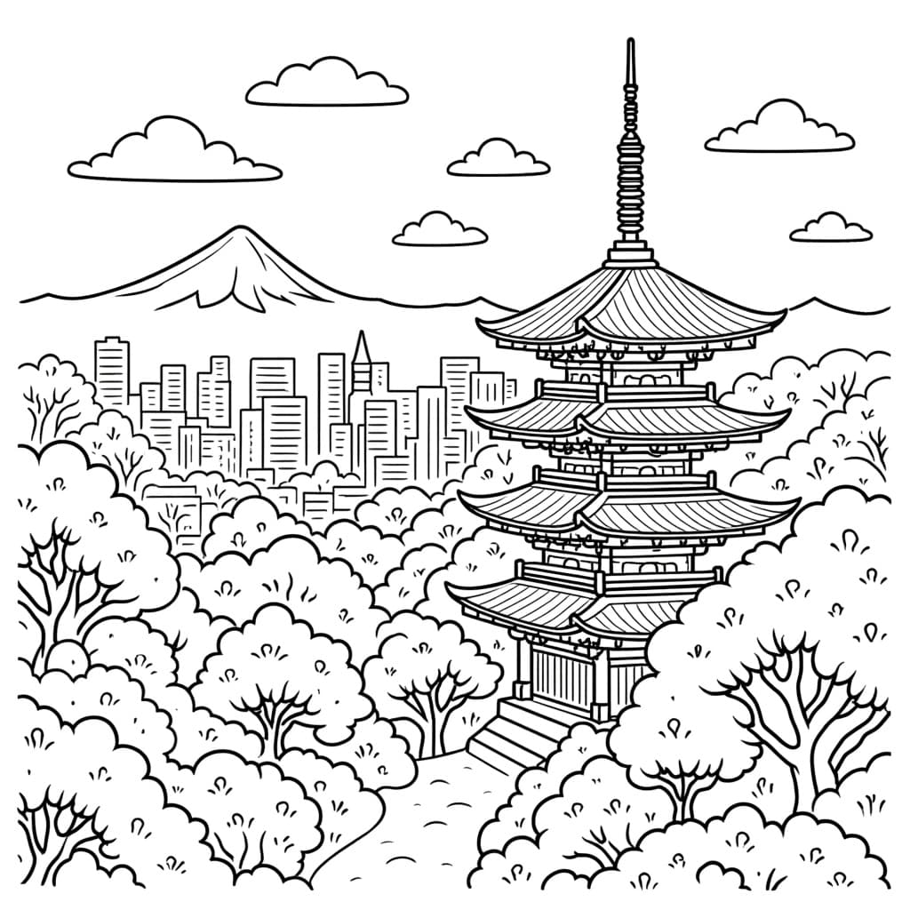 Illustration of Tokyo landscape with cherry blossom trees and a traditional pagoda