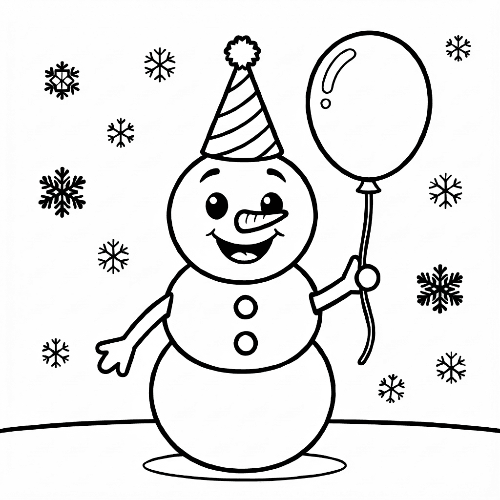 Muñeco de nieve sonriente con sombrero de fiesta sosteniendo un globo de Año Nuevo y copos de nieve decorativos alrededor