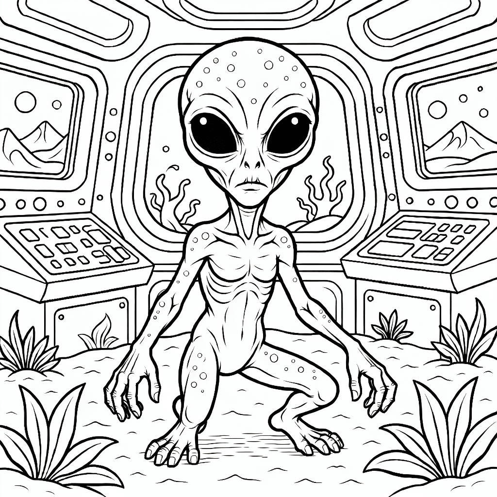 Illustration of friendly aliens with big eyes and antennas in a space setting