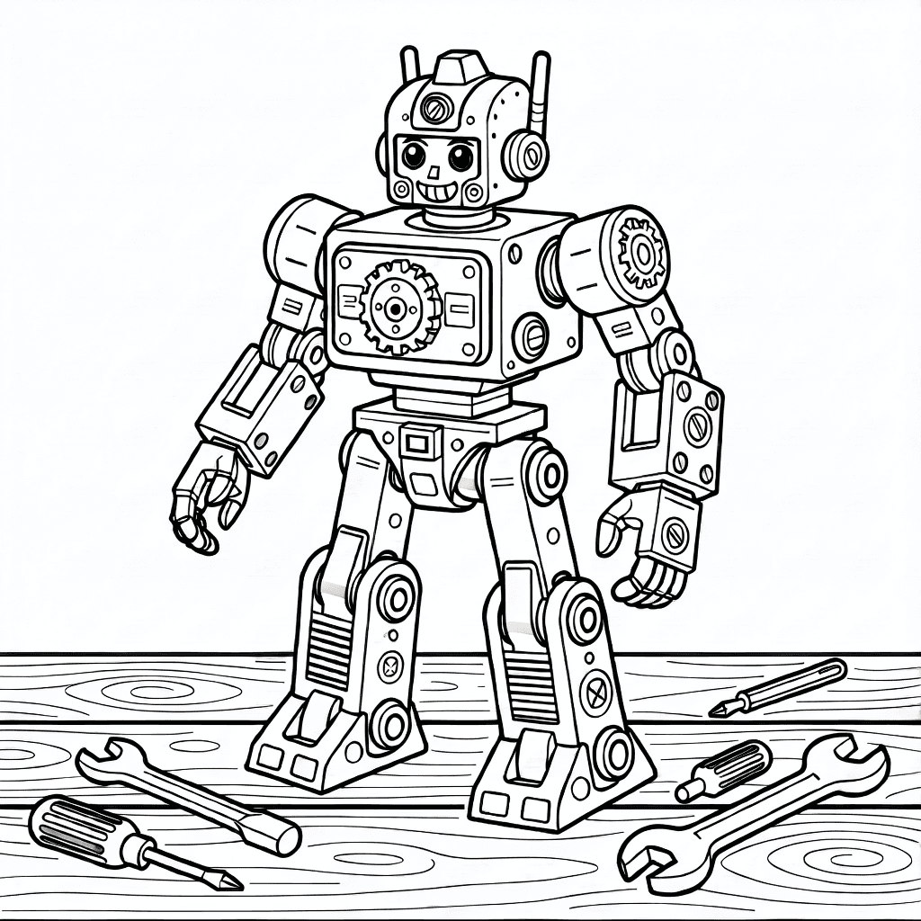 Giocattolo robot dettagliato con ingranaggi e attrezzi su tavolo di legno