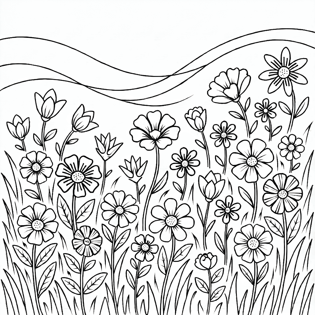 Campo com várias flores silvestres com pétalas e folhas detalhadas, lâminas de grama e fundo de paisagem suave.