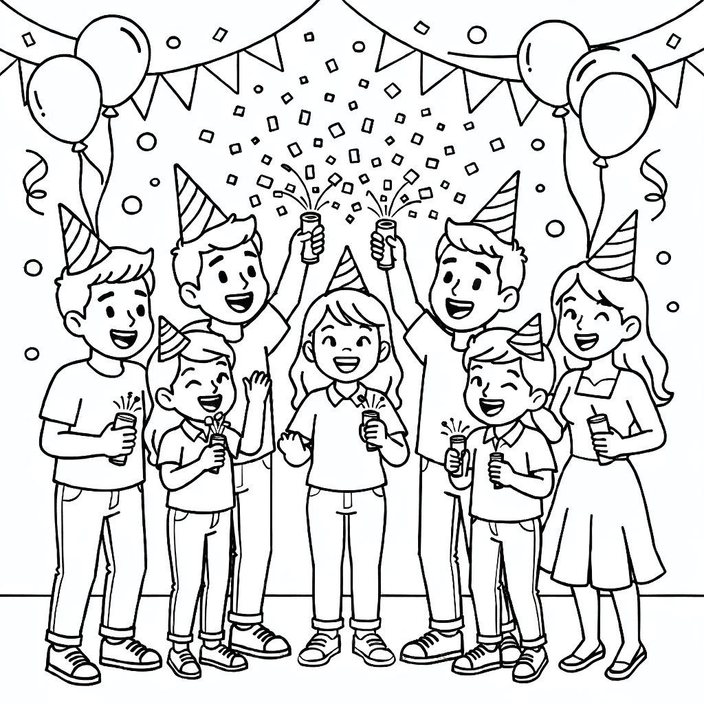 Gruppe von Freunden mit Partyhüten feiert mit Konfetti, Luftballons und Girlanden im Hintergrund