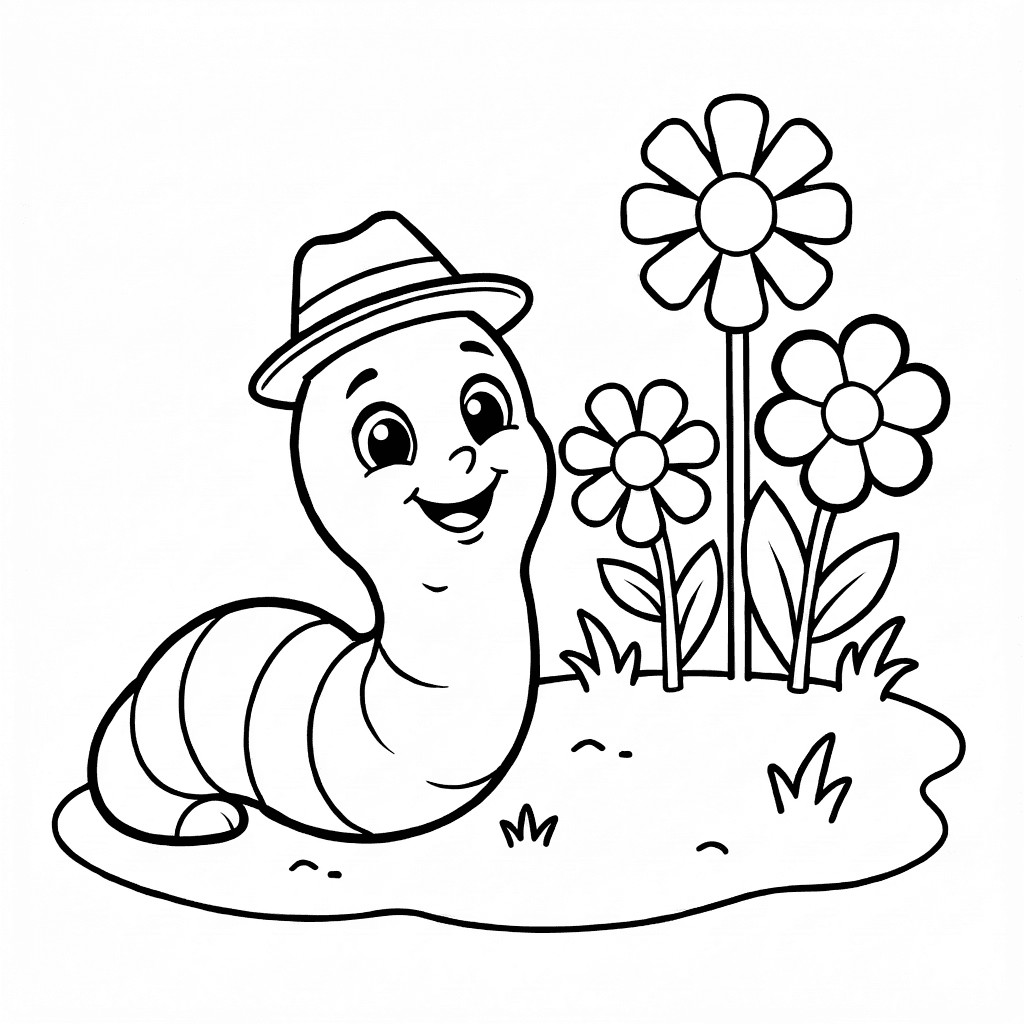Minhoca sorridente com chapéuzinho enrolada perto de flores grandes e grama em um jardim