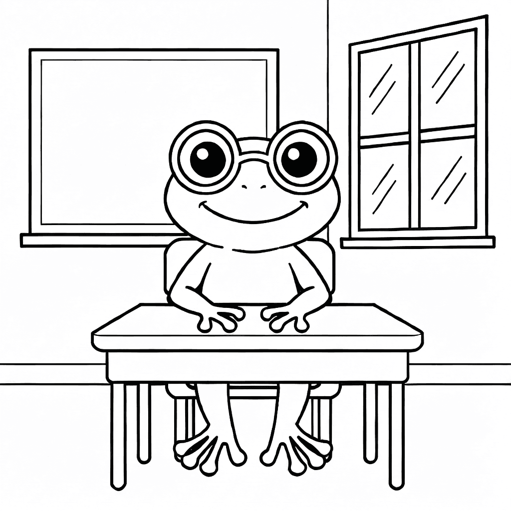Grenouille amicale avec lunettes assise à un bureau d'école devant un tableau et une fenêtre