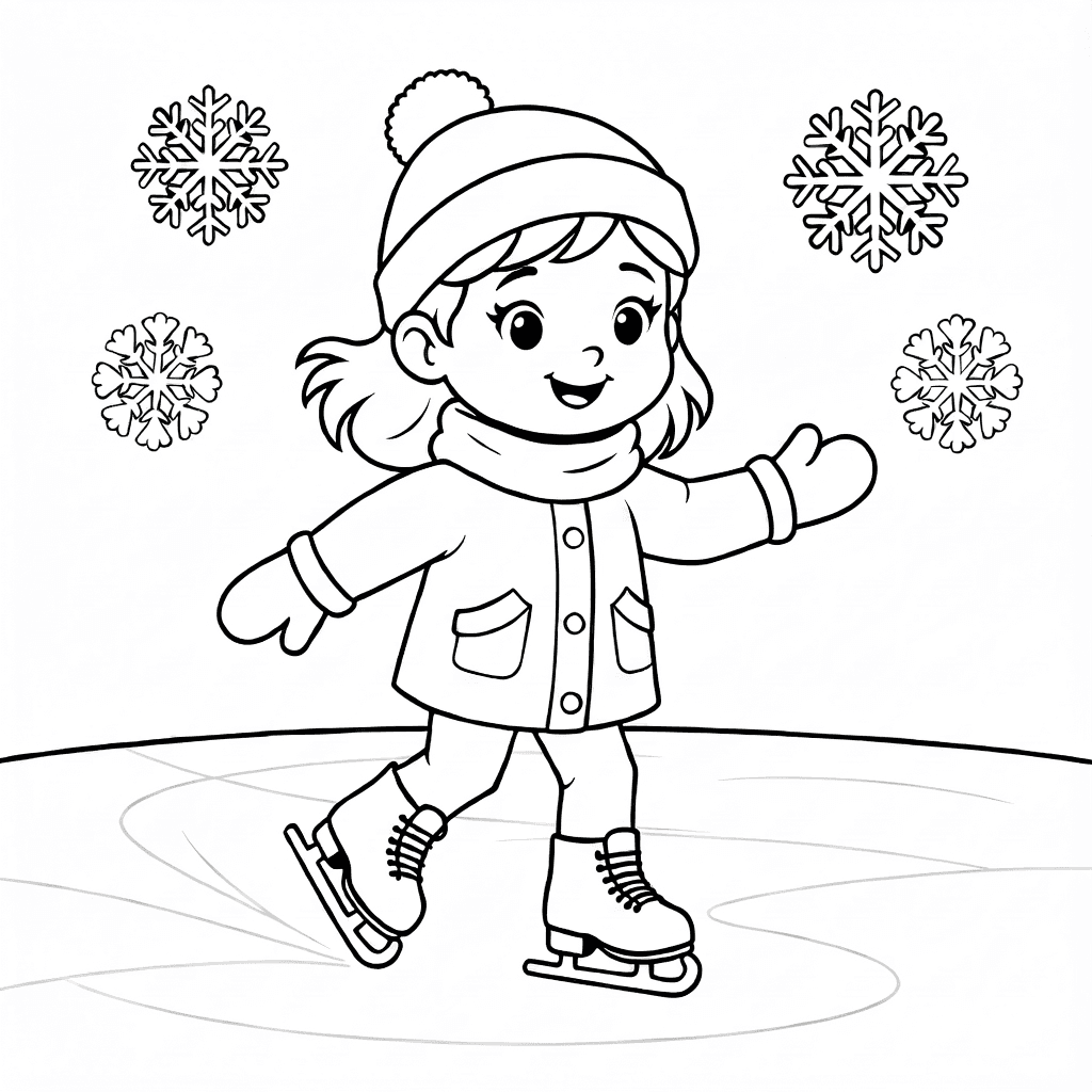 Niña pequeña patinando sobre hielo con guantes y copos de nieve al fondo
