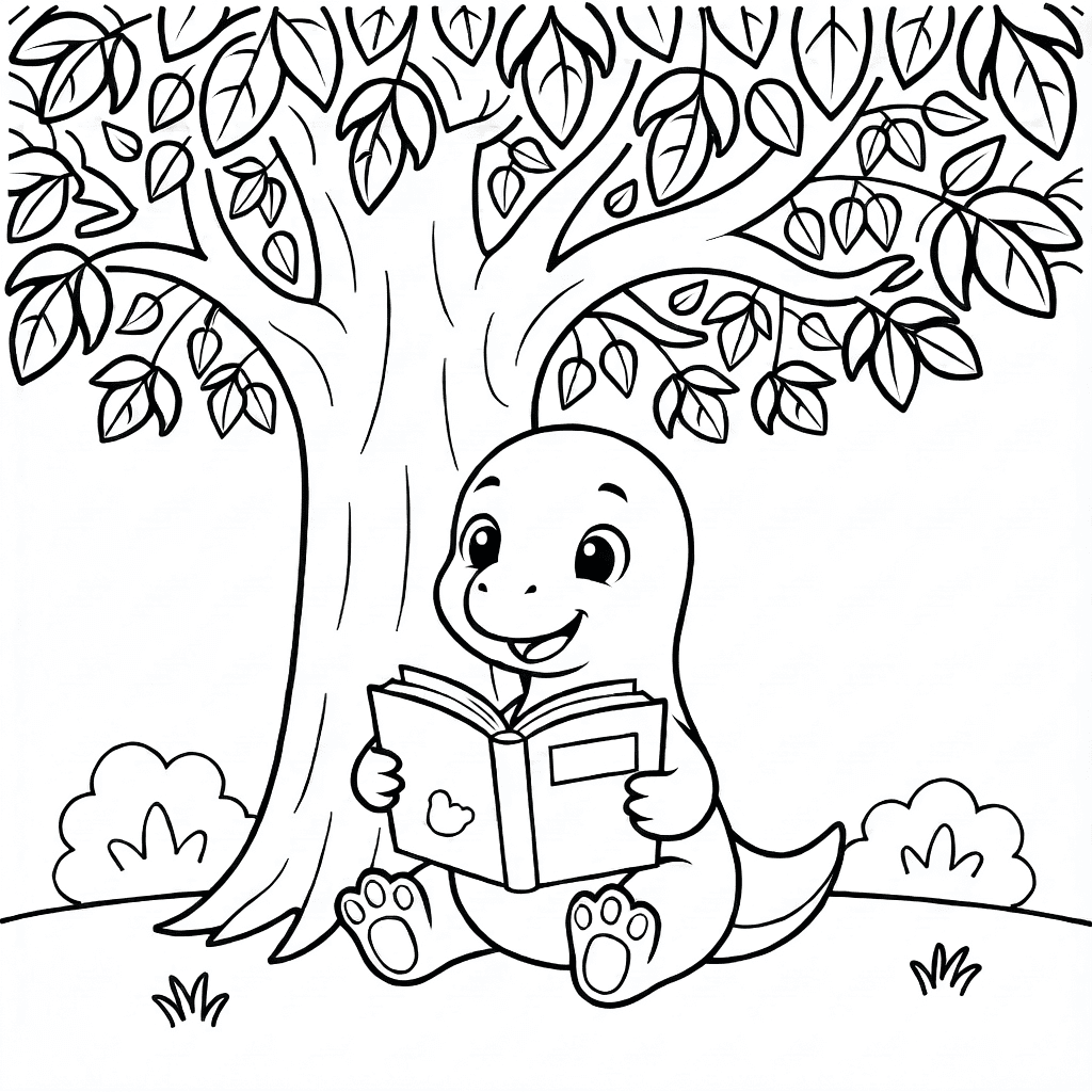 Dinosaurio pequeño y tierno sentado bajo un árbol frondoso leyendo un libro con arbustos alrededor