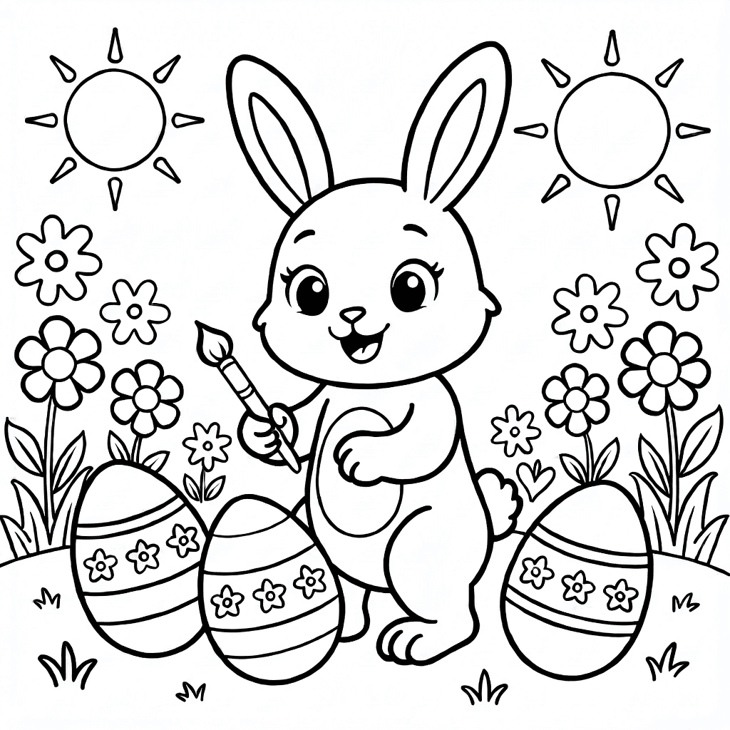 A smiling bunny painting colorful Easter eggs in a sunny garden with flowers and leaves