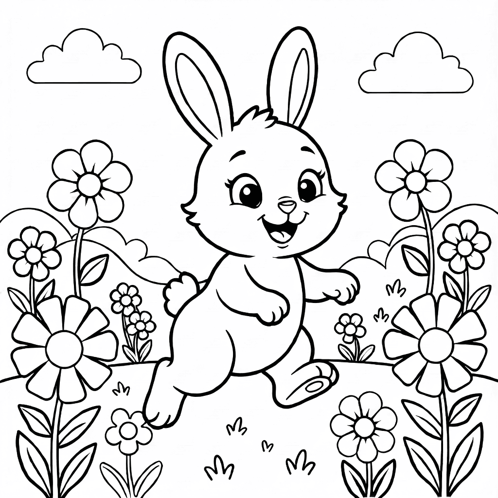 Um coelhinho feliz com olhos grandes pulando em um campo de flores grandes e simples