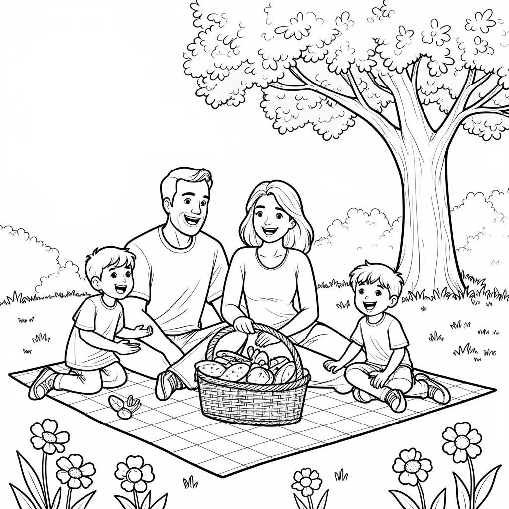 A family enjoying a picnic on a blanket in a sunny park with trees and food