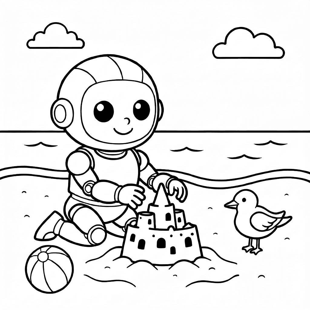 Robot amichevole che costruisce un castello di sabbia sulla spiaggia con palla da spiaggia e gabbiano vicino