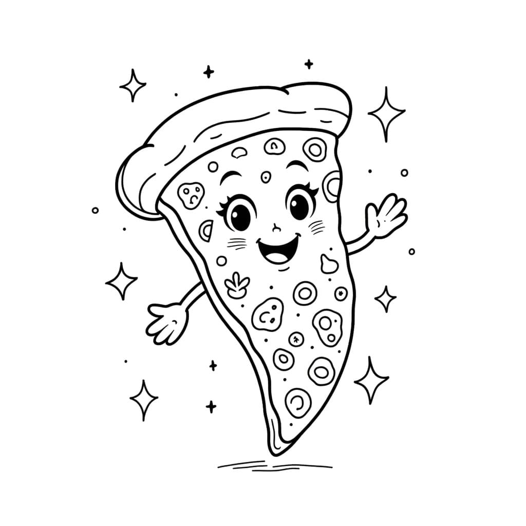 A slice of pizza with a smiling face and various toppings like pepperoni and mushrooms
