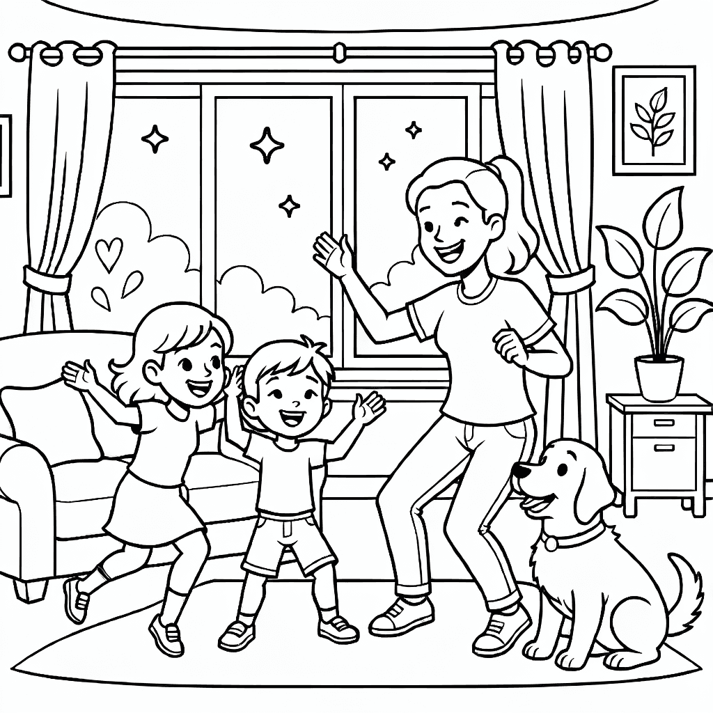 A happy family of two children, one parent, and a pet dog dancing in a cozy living room with a sofa and big windows