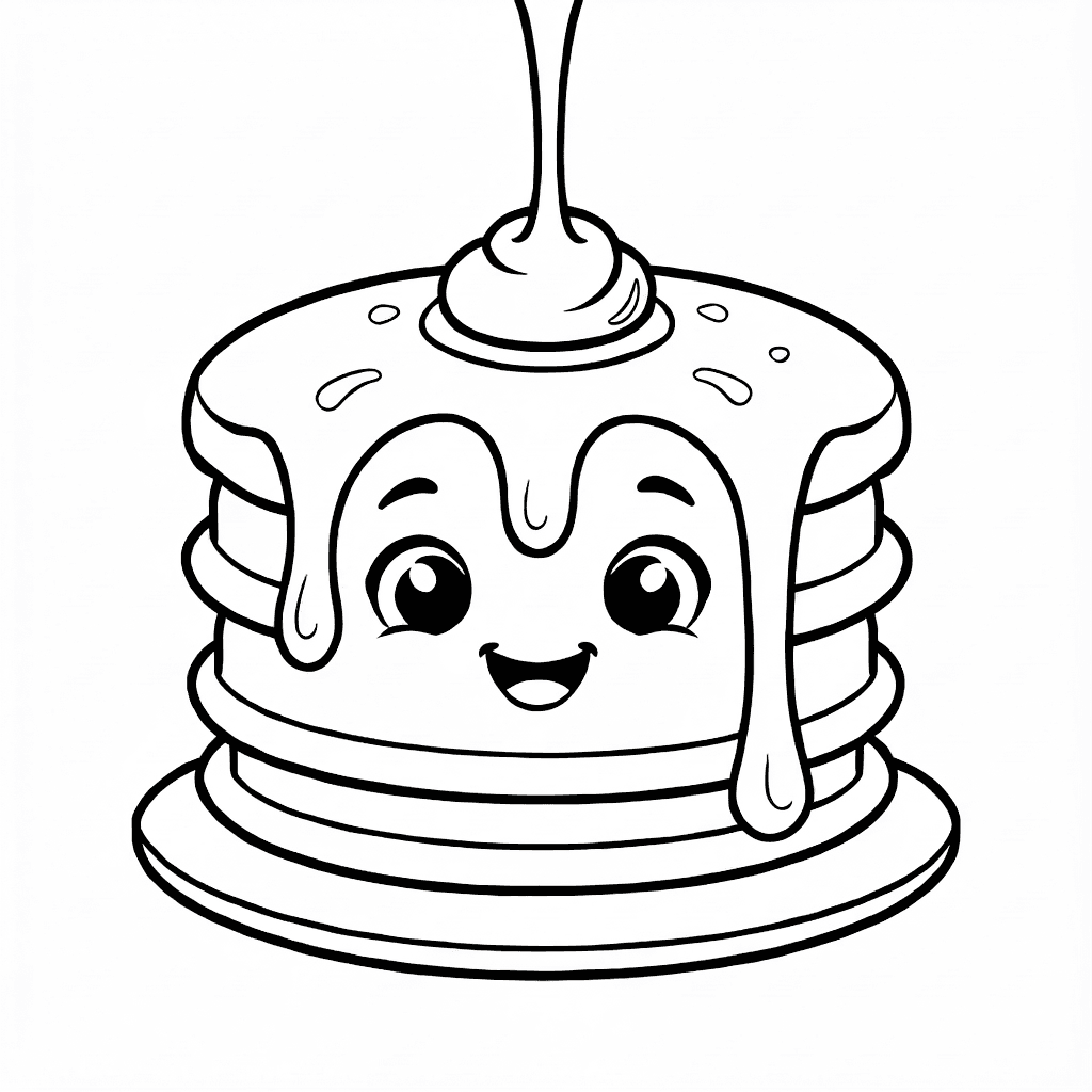 Stapel lächelnder Pfannkuchen mit Butter und Sirup an schlichten Hintergrund