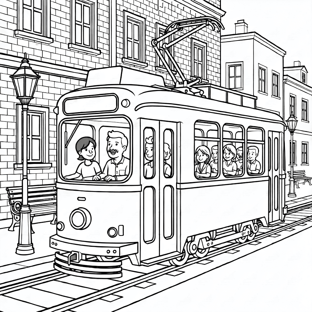 Raylar üzerinde yolcuları oturmuş detaylı şehir tramvayı ve kentsel öğeler