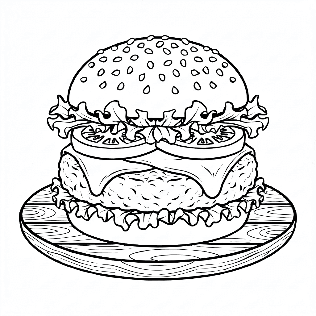Saftiger Burger mit Sesambrötchen, Salat, Tomate, Käse auf Holzteller mit Holzmaserung