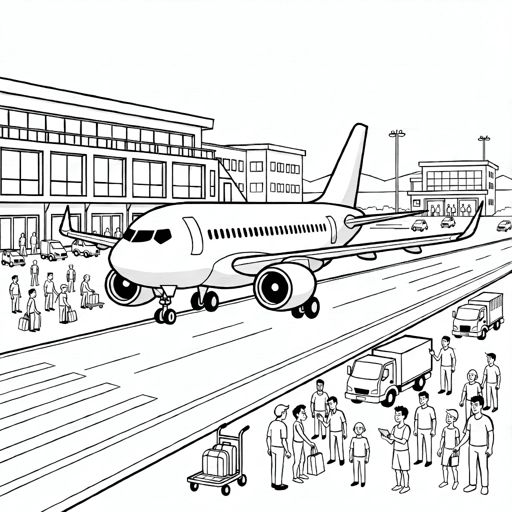 Pistte iniş yapan modern uçak, terminal binaları ve yer araçları