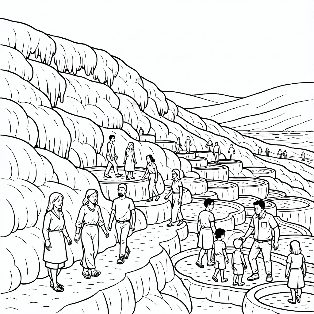 Panoramic scene of Pamukkale white terraces with visitors walking on detailed mineral terraces and pools