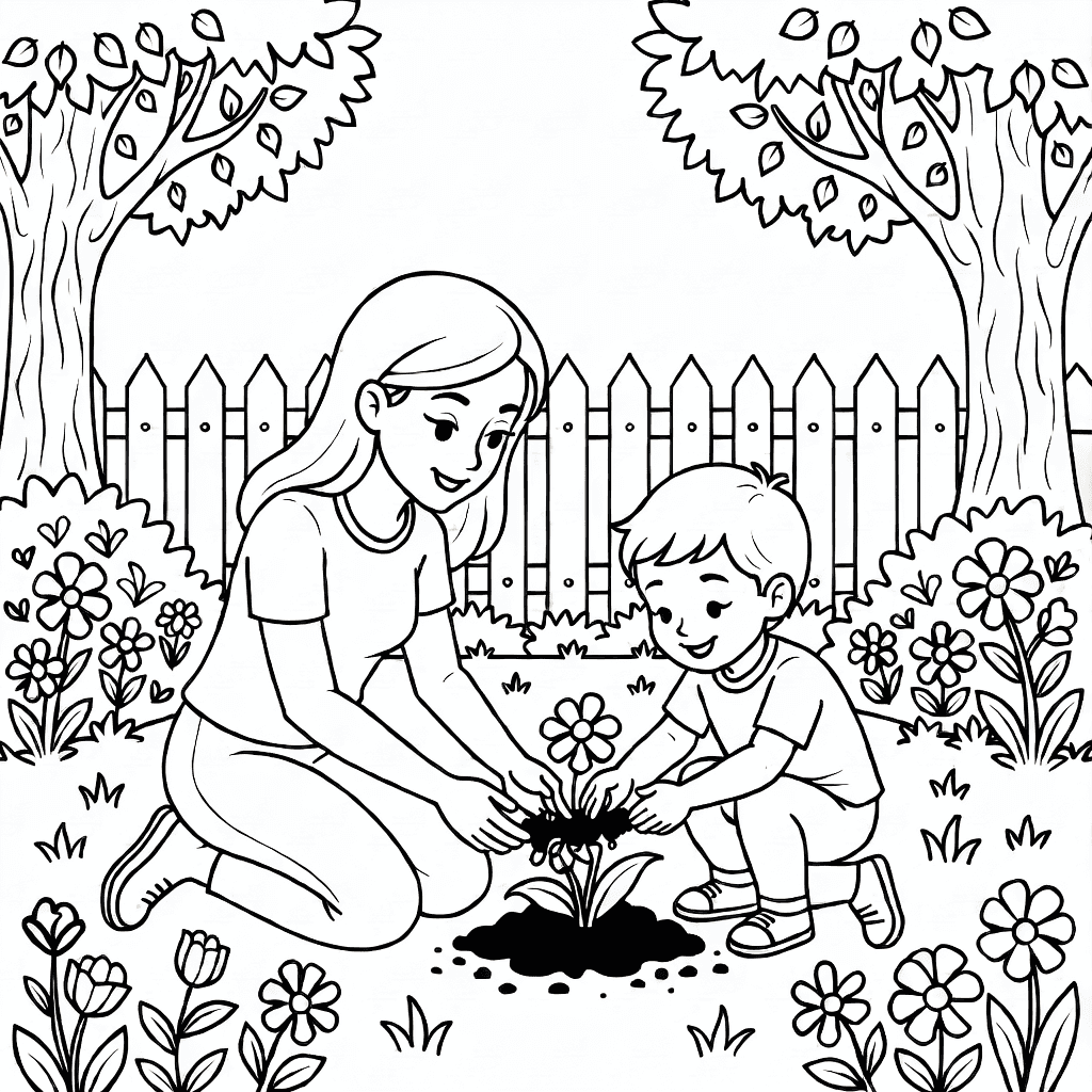 Madre inginocchiata che guida il figlio sorridente a piantare fiori in un giardino soleggiato con alberi e staccionata