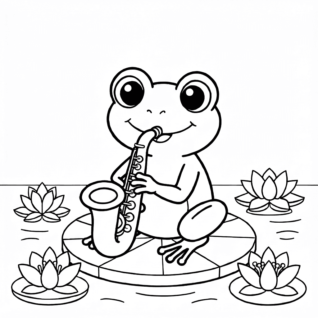 Ein fröhlicher Frosch mit großen Augen spielt Saxophon auf einem Seerosenblatt mit Seerosen in der Nähe
