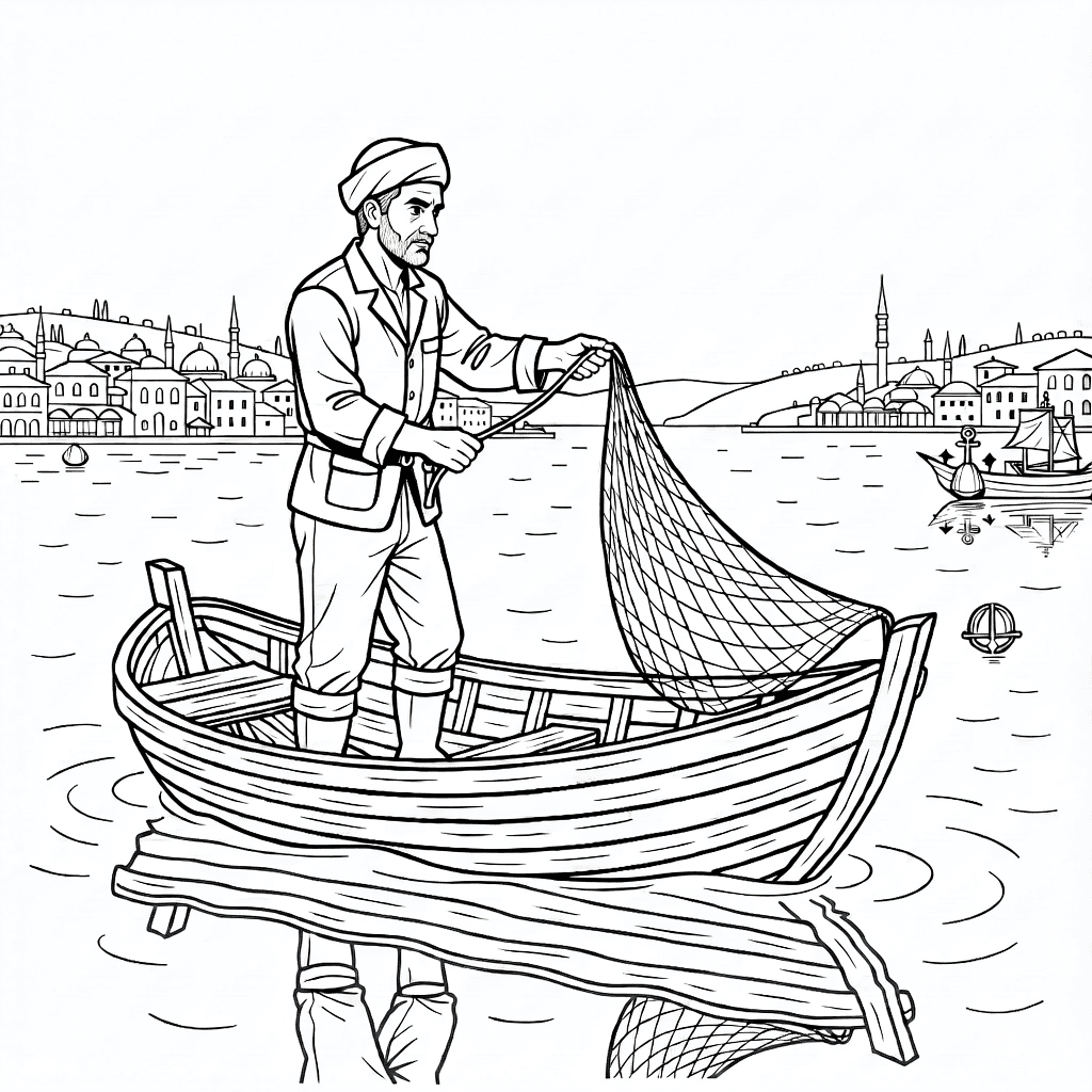 A fisherman in traditional attire casting a net from a wooden boat on calm water with Bosphorus strait in the background